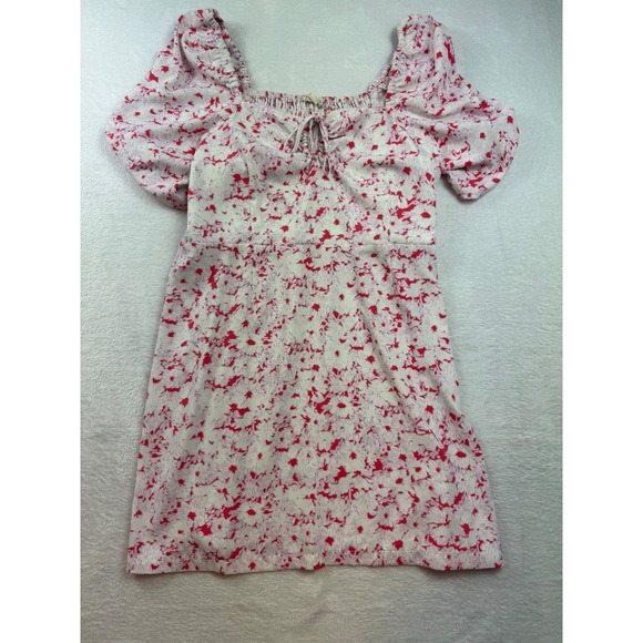 Open Edit Dresses & Skirts - Open Edit Pink White Abstract Floral Smocked Mini Dress Puff Sleeve XL summer